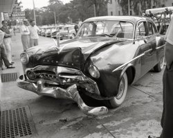Columbus, Georgia, circa 1955. "Accident on 12th Street." Sandwiched between the post office and Collins Snack Bar. 4x5 acetate negative from the News Photo Archive. View full size.