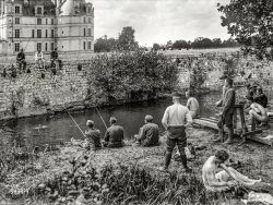 September 1918. "Shell Shock patients having a happy time fishing and swimming under the walls of the old chateau. These American soldiers are recovering from war neurosis, as the scientists now call the condition that used to be described as 'shell-shock.' Capt. A.E. Dennis, American Red Cross hospital representative for the U.S. Army camp at Blois, has obtained wonderful results by taking a number of these patients away from the noise and congestion of the hospital to the quiet out-door life in the forest of the Chateau Chambord near Blois." 5x7 glass negative by Lewis Hine for the American Red Cross. View full size.