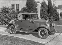 San Francisco circa 1927. "Little Jordan Tomboy convertible coupe." Warming up on the Shorpy Driveway of Diminutive Dropheads. 5x7 glass negative by Christopher Helin. View full size.