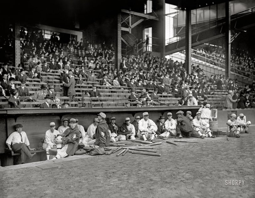 October 9, 1914. "Philadelphia Athletics dugout prior to start of Game 1 of 1914 World Series at Shibe Park." 5x7 inch glass negative, George Grantham Bain Collection. View full size.
