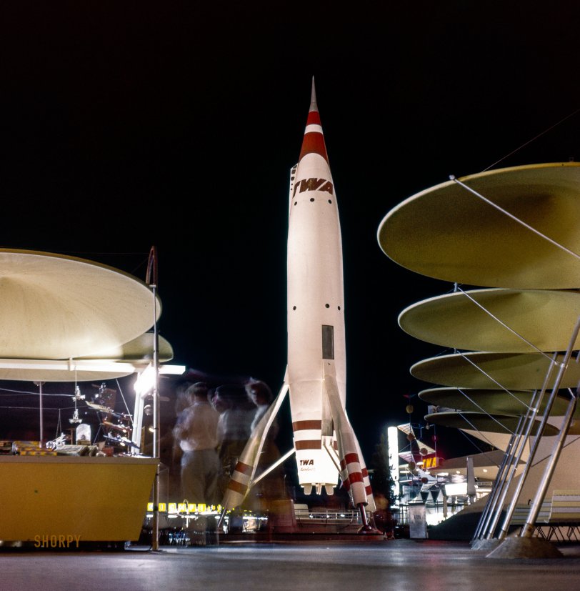 Circa 1960, the TWA "Moonliner" rocket at Disneyland's Tomorrowland in Anaheim, California. (With Richfield Oil's "Autopia" in the background.) At 76 feet, the Moonliner was the tallest attraction in the park. This medium format transparency is part of a recent donation to Shorpy from the family of California photographer Mary Baum (1925-2012). View full size.
