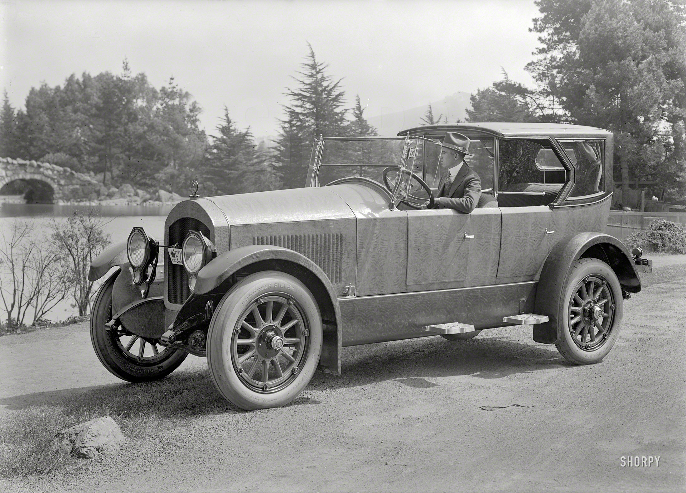 San Francisco circa 1919. "Cole touring car at Stow Lake, Golden Gate Park." Upholstered in alligator. 5x7 glass negative by Christopher Helin. View full size.