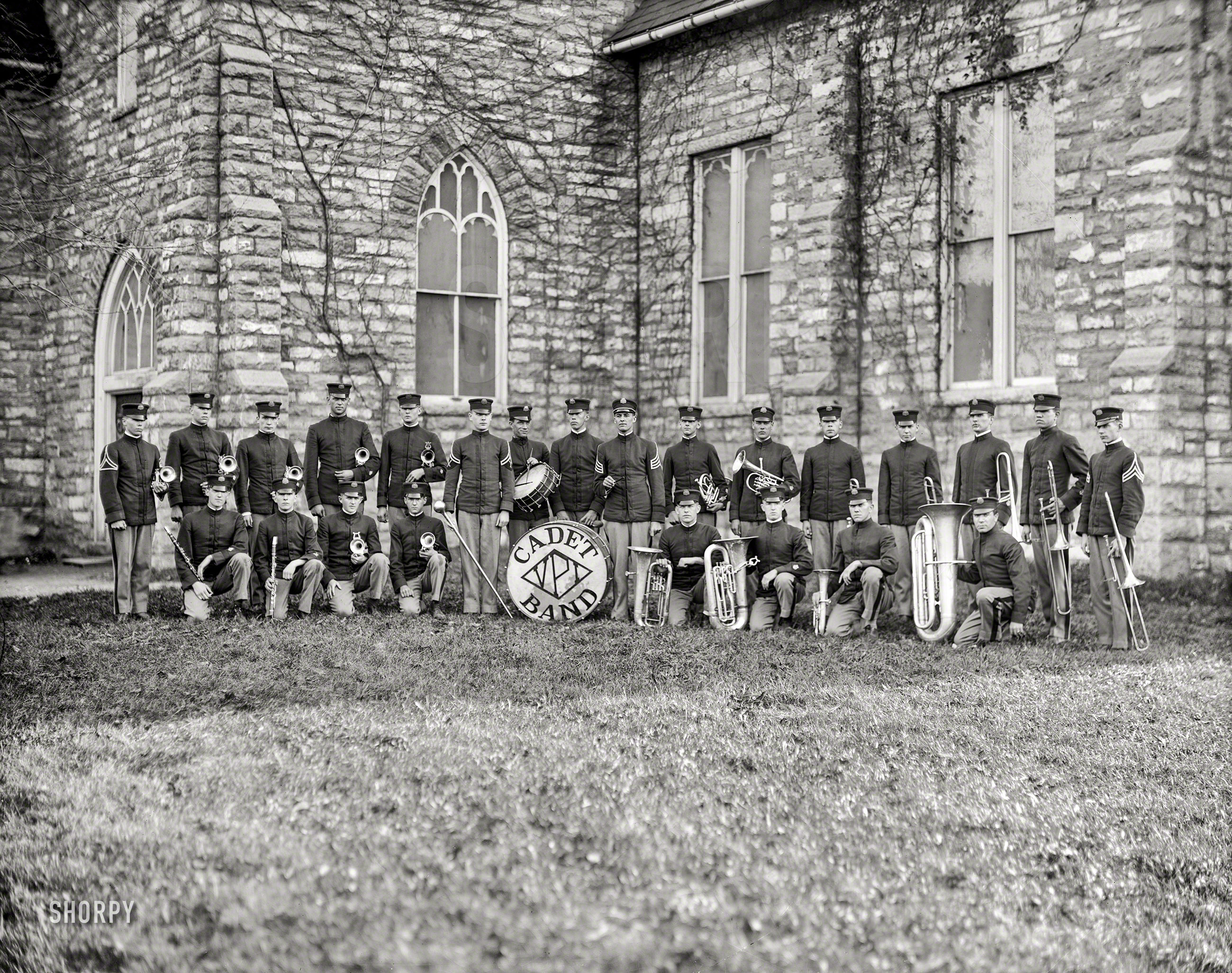 "Virginia P.I. Cadet Band." Circa 1920, the men of Virginia Polytechnic Institute in Blacksburg. Harris & Ewing Collection glass negative. View full size.