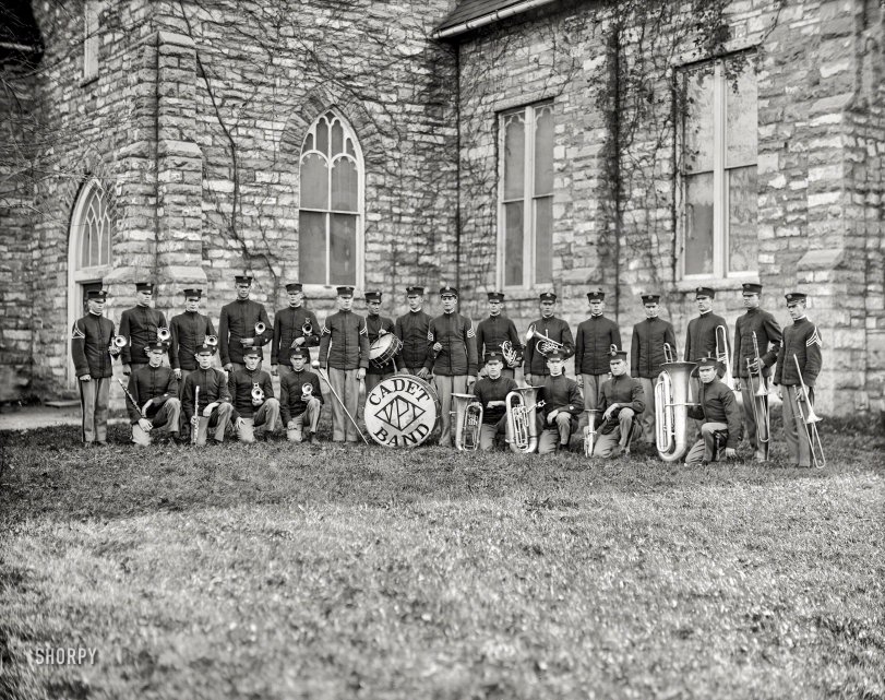 "Virginia P.I. Cadet Band." Circa 1920, the men of Virginia Polytechnic Institute in Blacksburg. Harris &amp; Ewing Collection glass negative. View full size.
