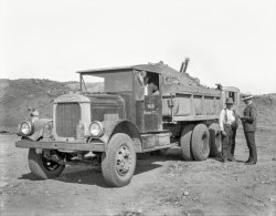 San Francisco circa 1930. "Fageol dump truck at construction site." Our second truck with a Hemlock telephone exchange. 8x10 film negative. View full size.
