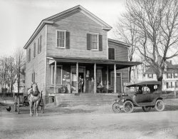 Montgomery County, Maryland, circa 1917. "Ford car in front of Dawsonville country store, probably H.E. French's." Herbert French being the proprietor of the National Photo Company. 4x5 inch glass negative. View full size.