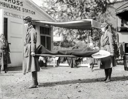 "Demonstration at the Red Cross Emergency Ambulance Station in Washington, D.C., during the influenza pandemic of 1918." 4x5 glass negative. View full size.