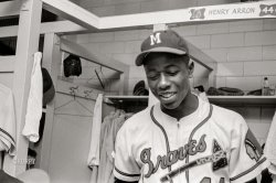 September 8, 1955. "Hank Aaron standing in front of his locker with misspelled name in the Milwaukee Braves locker room." Photo by Phillip Harrington for Look magazine. View full size.
Hank Aaron, Home Run King
Who Defied Racism, Dies at 86
&nbsp; &nbsp; &nbsp; &nbsp; Hank Aaron, who faced down racism as he eclipsed Babe Ruth as baseball’s home run king, hitting 755 homers and holding the most celebrated record in sports for more than 30 years, died today in Atlanta. He was 86. -- New York Times
