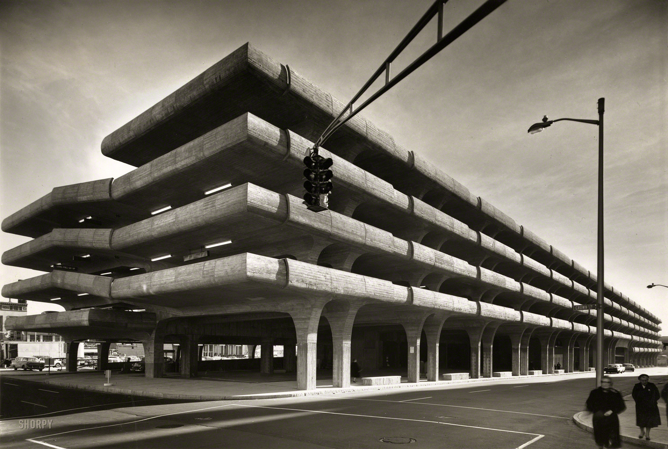 1963. "Parking structure, New Haven, Connecticut. Temple Street Garage, exterior. Paul Rudolph, architect." Photo by Ezra Stoller. View full size.