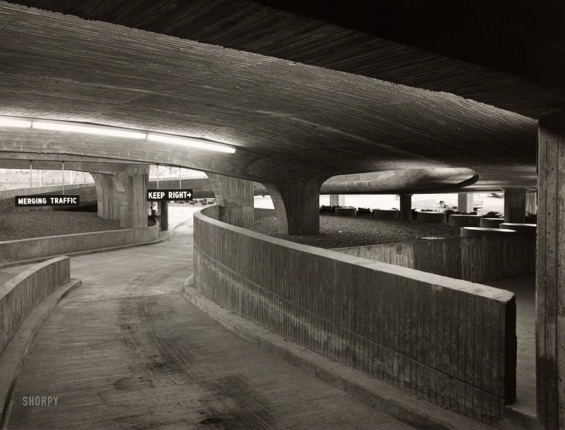 1963. "Parking structure, New Haven, Connecticut. Temple Street Garage exit ramp. Paul Rudolph, architect." Photo by Ezra Stoller. View full size.