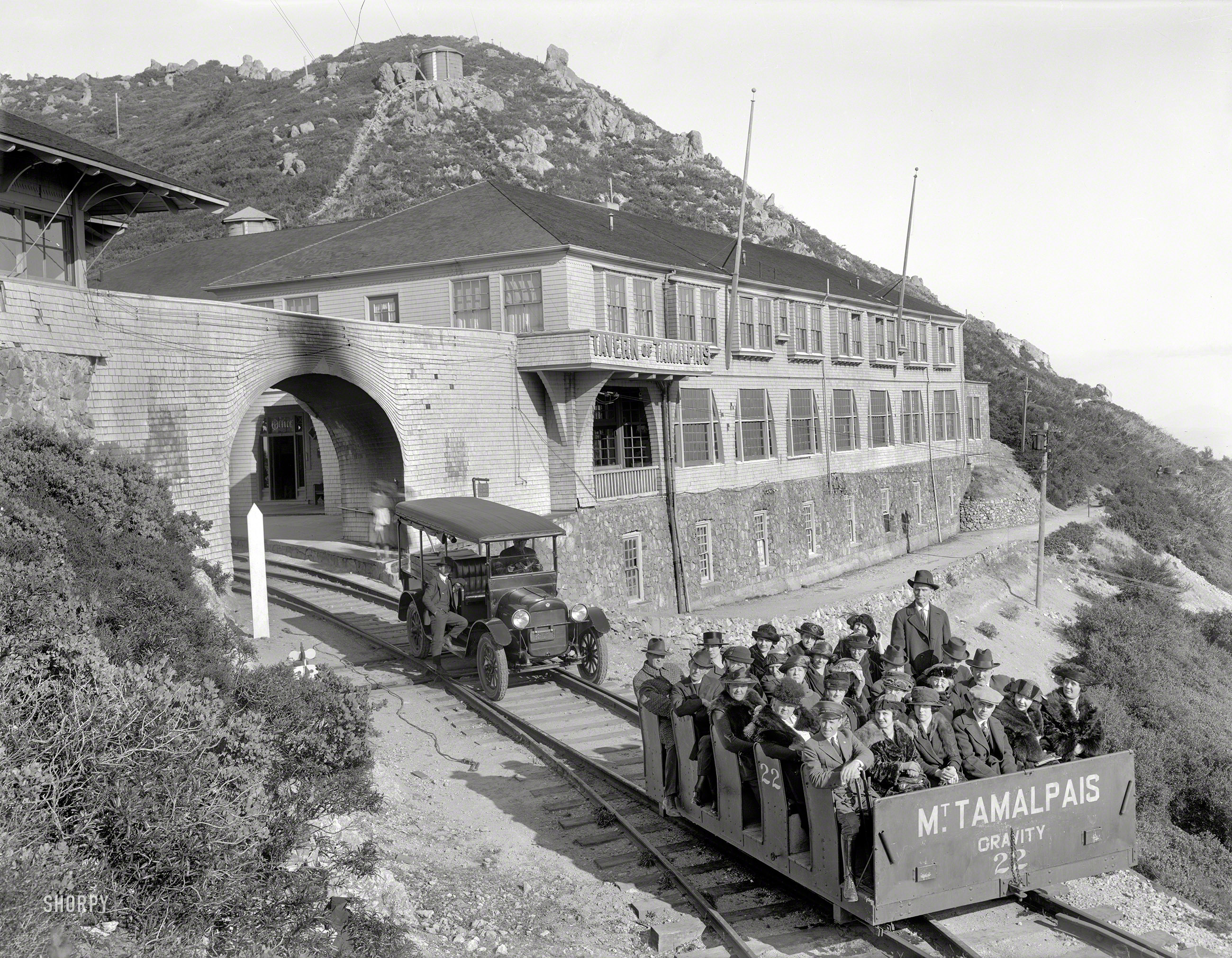 Marin County, California, circa 1921. "Mount Tamalpais Tavern and Gravity Car with REO auto." 6½ x 8½ inch glass negative. View full size.