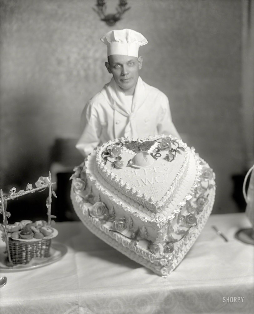 Washington, D.C., circa 1930s. "Cronmiller, LeP., Jr., Mrs." Who can decipher this alphabet soup of a pastry? Harris &amp; Ewing glass negative. View full size.
