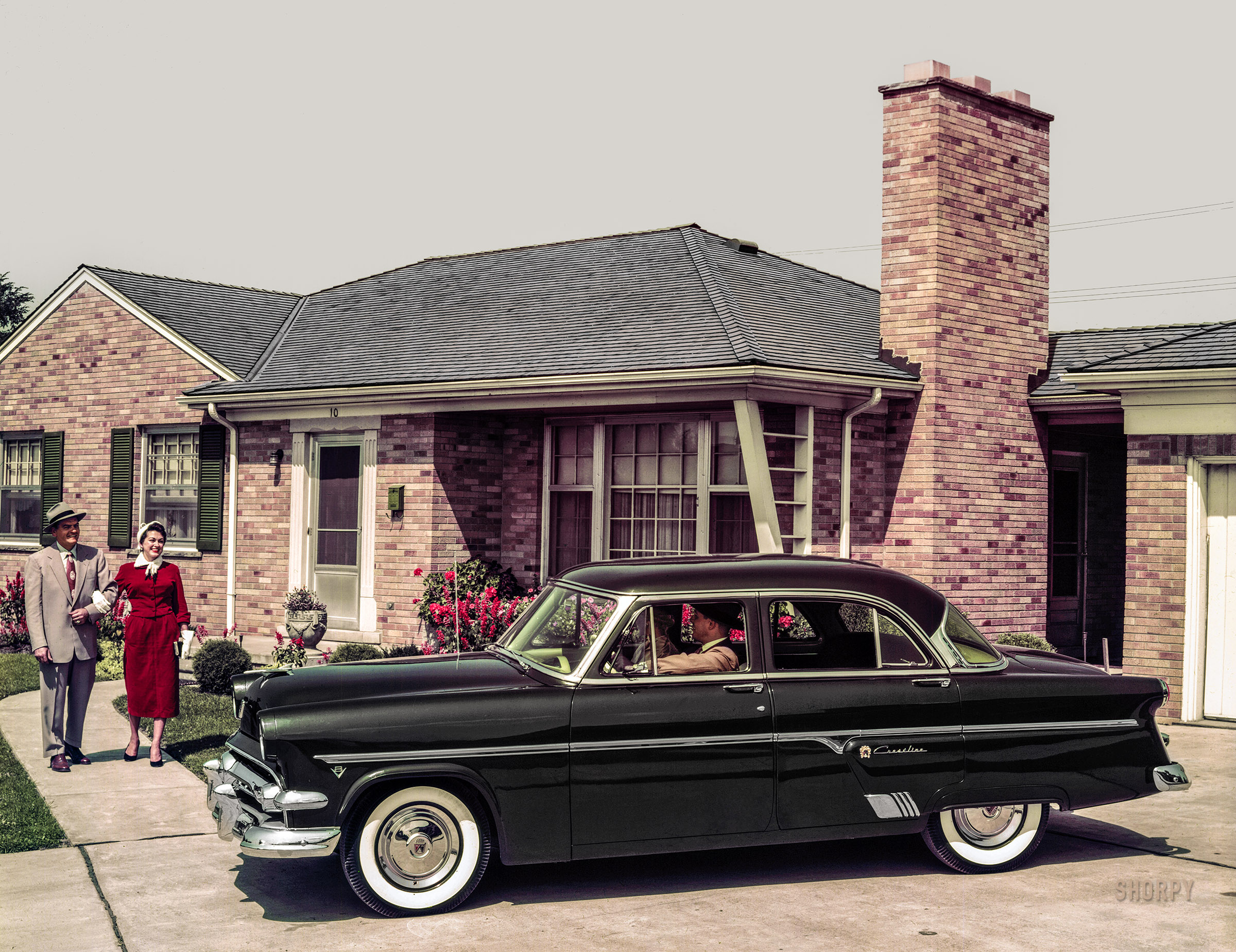 Dearborn, Michigan. "1954 Ford Crestline Fordor Sedan." With room in back for their 2.5 kids. Color transparency from the Ford Motor Co. photographic archives. View full size.