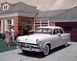 Dearborn, Michigan. "1954 Ford Mainline two-door sedan." A thrifty ride for the suburban bride. Color transparency from the Ford Motor Co. photographic archives. View full size.