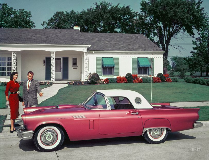 "1957 Thunderbird. Removable glass-fibre hard top has stylish 'port' windows." Color transparency from the Ford Motor Co. photographic archive. View full size.