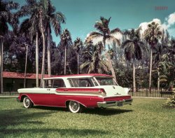 "1957 Mercury Commuter at Hialeah Park racetrack, Miami." The rear vent wing in this 1956 photo of a prototype station wagon never made it to production. Color transparency from the Ford Motor Co. media archive. View full size.