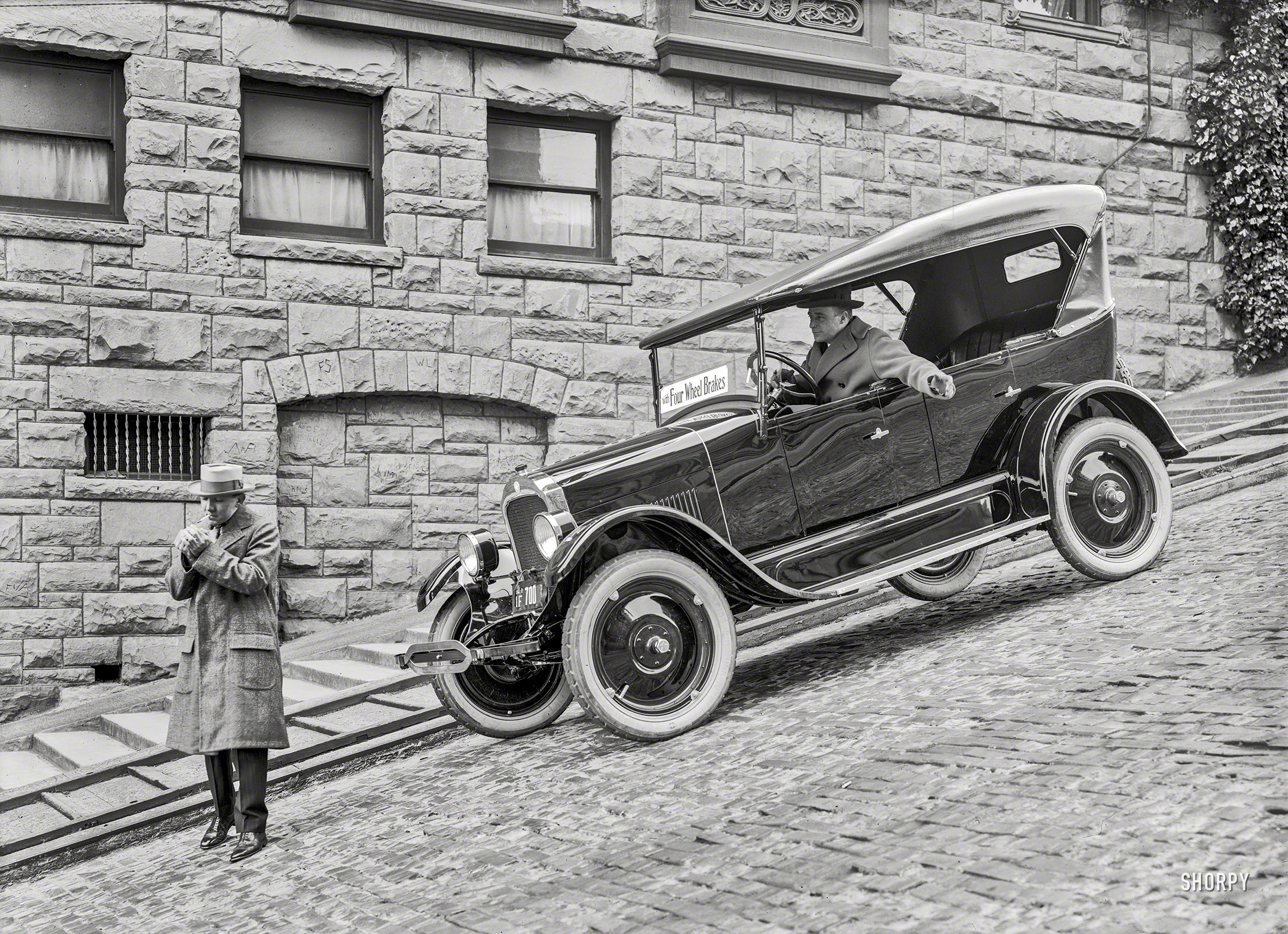 San Francisco circa 1924. "Star touring car with four-wheel brakes." The same venue (and graffitists) as our previous Star sighting. And more evidence that smoking is hazardous to your health. 5x7 glass negative. View full size.