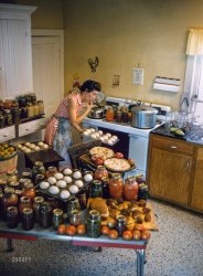 September 9, 1957. "Mrs. Willis Cooper baking and canning in the kitchen of her farmhouse near Radcliffe, Iowa." Color transparency from photos by Jim Hansen for the Look magazine assignment "Iowa family." View full size.