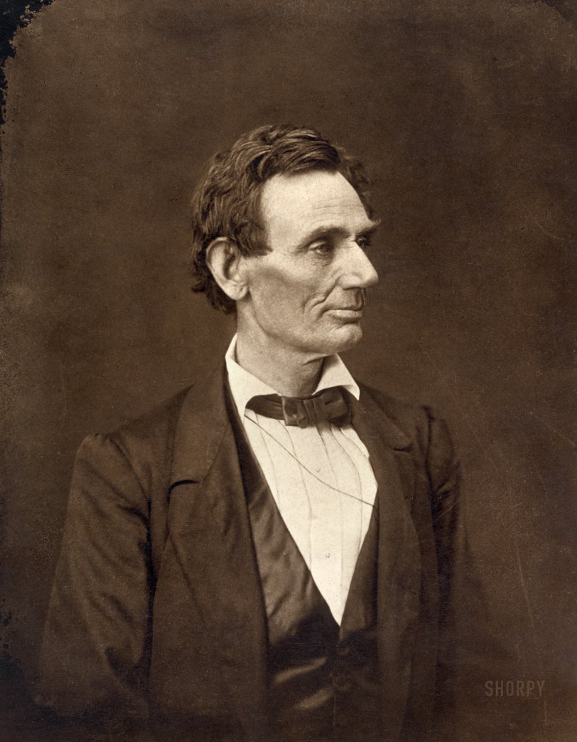 "Abraham Lincoln, presidential candidate, half-length portrait, facing right." Circa 1881 albumen silver print from a glass negative by Alexander Hesler. View full size.
&nbsp; &nbsp; &nbsp; &nbsp; Photo of Lincoln made from a negative taken in Springfield, Illinois, by Alexander Hesler on June 3, 1860. "Wrote Lincoln's law partner, William H. Herndon, 'There is the peculiar curve of the lower lip, the lone mole on the right cheek, and a pose of the head so essentially Lincolnian; no other artist has ever caught it.' "
