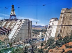 June 1942. Redding, California (vicinity). "Shasta Dam under construction." Kodachrome transparency by Russell Lee for the Office of War Information. View full size.
