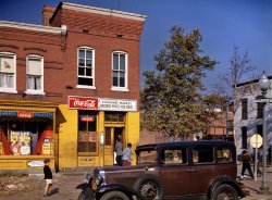 Washington, D.C., circa 1942. "Car in front of Shulman's Market on N at Union Street S.W." 4x5 Kodachrome transparency by Louise Rosskam. View full size.