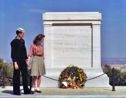 
HERE RESTS IN
HONORED GLORY
AN AMERICAN SOLDIER
KNOWN BUT TO GOD
May 1943. Arlington, Virginia. "Sailor and his girl at Tomb of the Unknown Soldier, Arlington National Cemetery." 4x5 inch Kodachrome transparency by John Collier for the Office of War Information. View full size.
