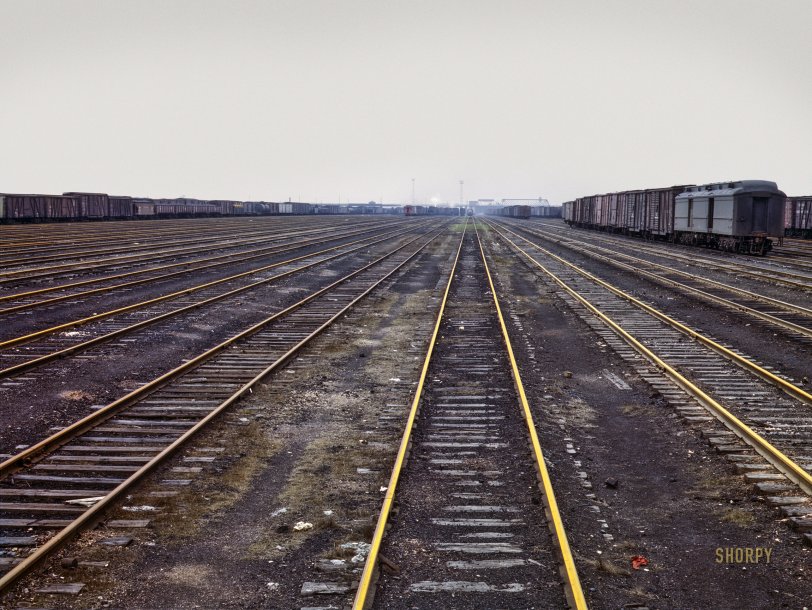 April 1943. "Tracks at Chicago &amp; North Western railroad's Proviso yard, Chicago." Kodachrome transparency by Jack Delano for the Office of War Information. View full size.
