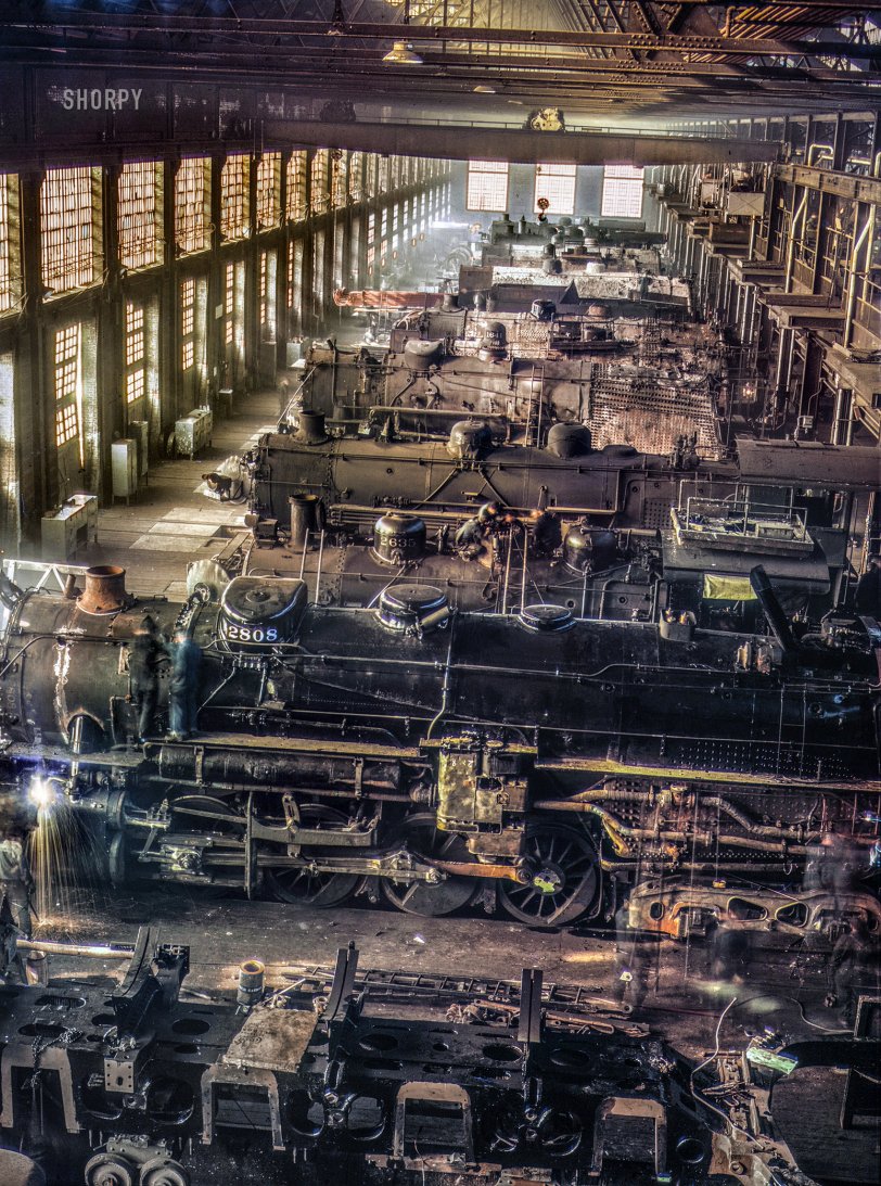 &nbsp; &nbsp; &nbsp; &nbsp; Updated April 2021 with a better scan of this Kodachrome.
December 1942. "40th Street Shops (Chicago &amp; North Western locomotive shops at Chicago)." 4x5 Kodachrome transparency by Jack Delano for the Office of War Information. View full size. 
