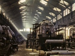 &nbsp; &nbsp; One of our first posts from 10 years ago, enlarged and re-restored.
March 1943. "Santa Fe R.R. locomotive shops at Topeka, Kansas." 4x5 inch Kodachrome transparency by Jack Delano. View full size.