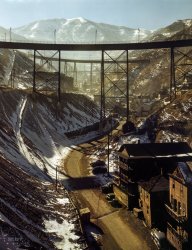 November 1942. "Bingham Copper Mine, Utah. Carr Fork Canyon as seen from the 'G' Bridge." Kodachrome by Andreas Feininger for the office of War Information. View full size.