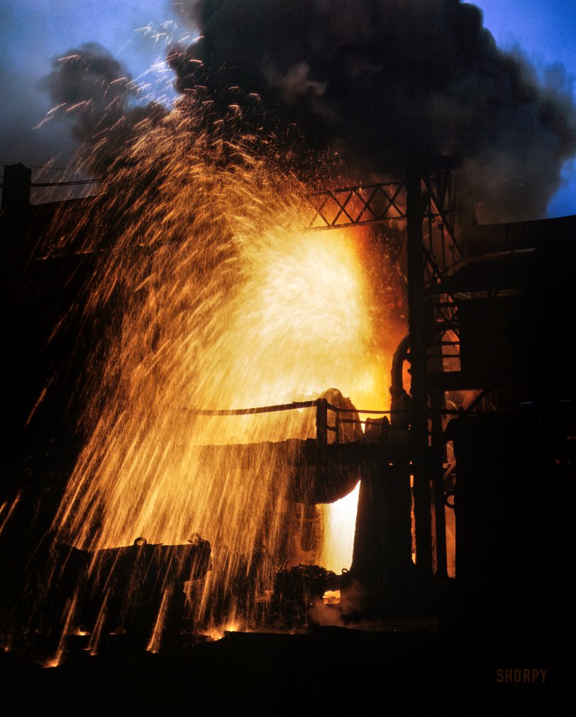 1942. "Bessemer converter (iron into steel), Allegheny Ludlum Steel Corp., Brackenridge, Pennsylvania." 4x5 inch Kodachrome transparency by Alfred Palmer for the Office of War Information. View full size.
