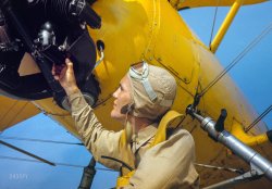 May 1942. "Marine lieutenant by the power towing plane for the gliders at Parris Island, South Carolina." 35mm Kodachrome transparency by Alfred Palmer for the Office of War Information. View full size.