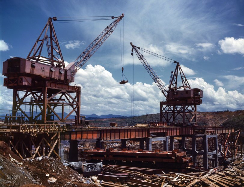 June 1942. "Tennessee Valley Authority -- construction cranes at Douglas Dam." Kodachrome transparency by Alfred Palmer. View full size.
