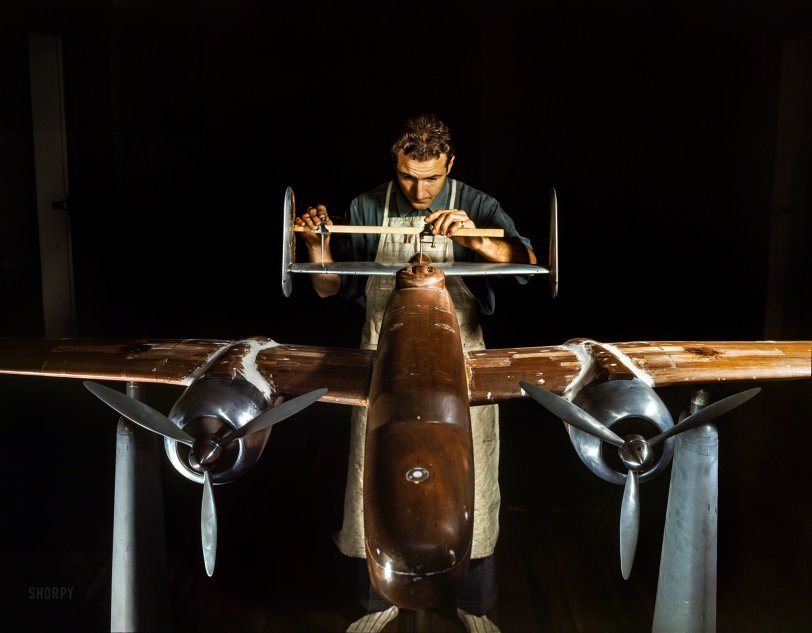 October 1942. "Preparing a model of the B-25 bomber for the wind tunnel at North American Aviation's plant at Inglewood, Calif." More here and here. Kodachrome transparency by Alfred Palmer for the Office of War Information. View full size.