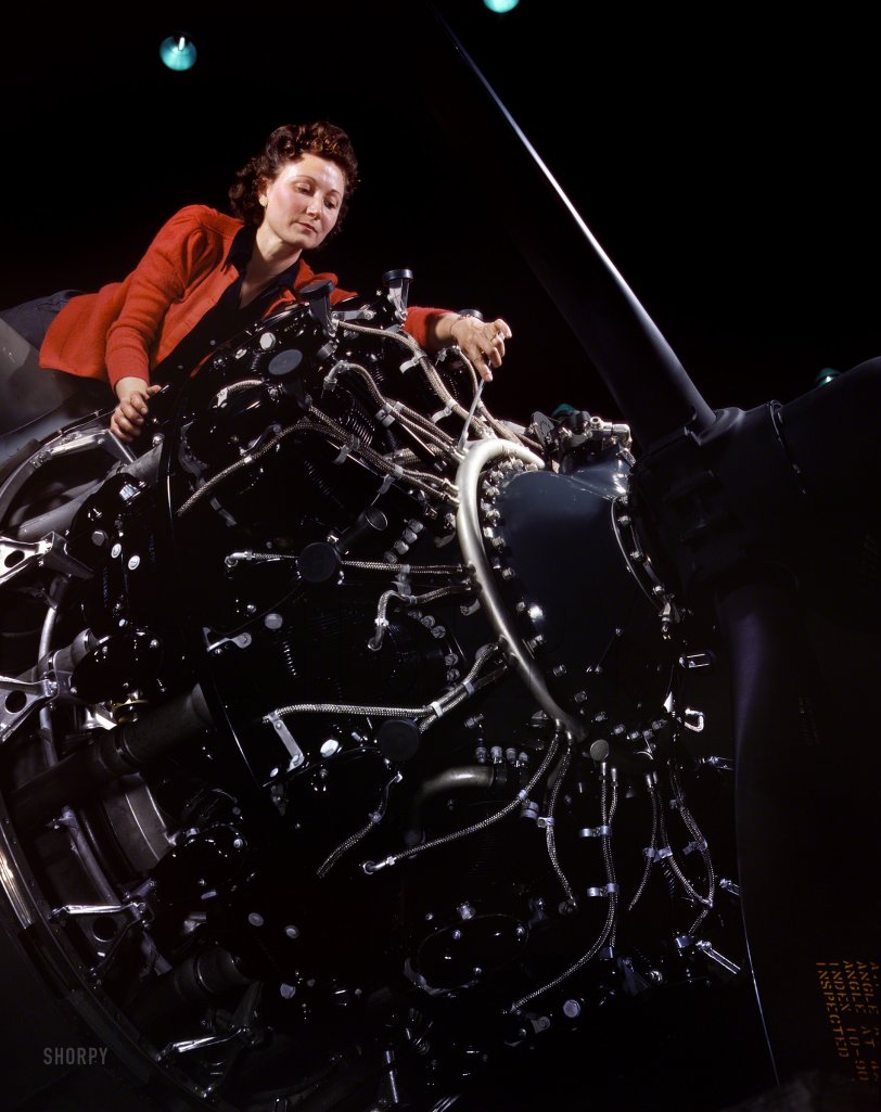 &nbsp; &nbsp; &nbsp; &nbsp; "Now I am become Death, the destroyer of worlds."
October 1942. "Woman at work on bomber motor, Douglas Aircraft Co., Long Beach, California." Kodachrome by Alfred Palmer, Office of War Information. View full size.