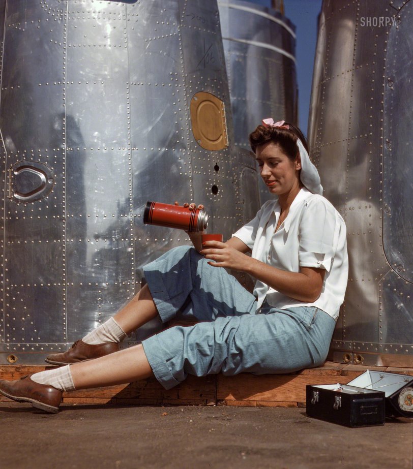 &nbsp; &nbsp; &nbsp; &nbsp; "Nothing for me, thanks."
October 1942. "Girl worker at lunch also absorbing California sunshine, Douglas Aircraft Company, Long Beach." Kodachrome transparency by Alfred Palmer for the Office of War Information. View full size.
