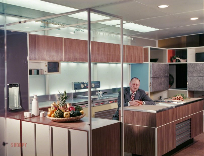 1954. "Harley Earl, General Motors Vice President of Design, in Frigidaire's 'Kitchen of Tomorrow' exhibit for the GM Motorama at the Waldorf-Astoria Hotel in New York." Large-format color transparency. View full size.
