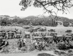 &nbsp; &nbsp; &nbsp; &nbsp; More than 2,000 Hupmobile owners and their families attended the second annual picnic, free-for-all sports program and barbecue staged July 1 by Greer-Robbins Co. at Sawyer's Camp, beside Crystal Springs Lake in San Mateo County. &nbsp; &nbsp; &nbsp; &nbsp; -- Motor West
July 1923. "Hupmobile barbecue at Sawyer Camp." 6½ x 8½ inch glass negative, originally from the Wyland Stanley collection. View full size.