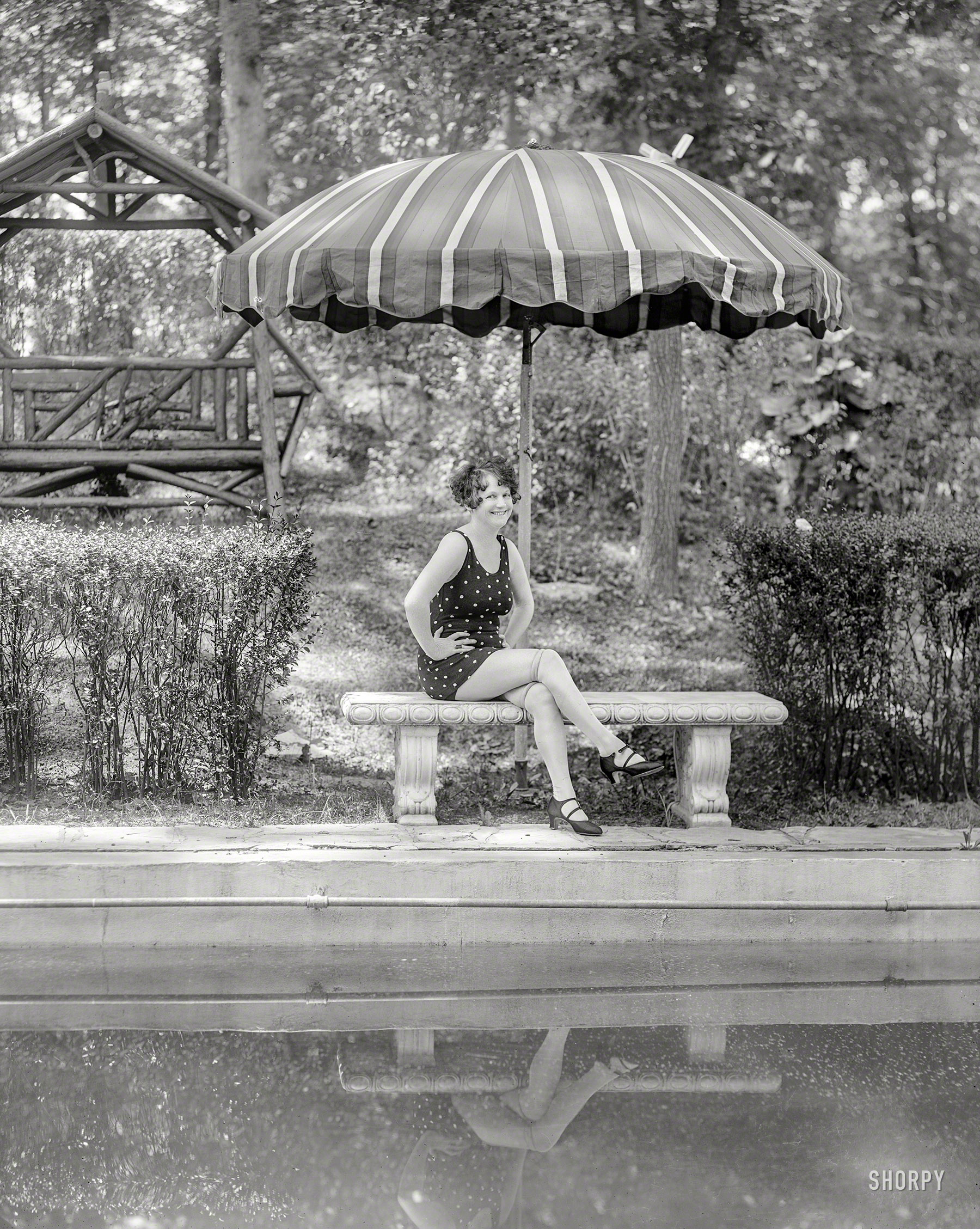 Washington, D.C., circa 1930. "Gibbs, Mrs. Malcolm." Maude Foote Gibbs, fiftyish wife of the People's Drug Store founder, modeling a very distant ancestor of the polka-dot bikini.  Harris & Ewing Collection glass negative. View full size.