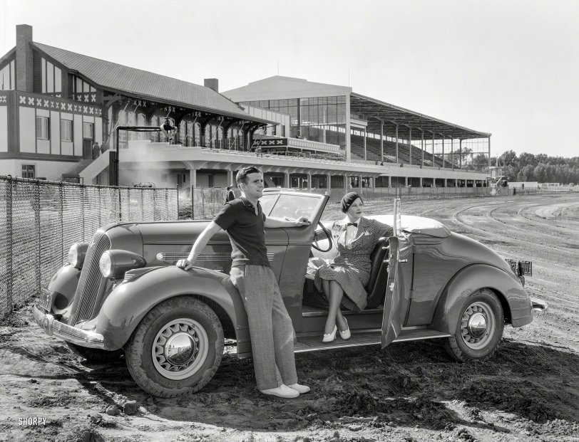 April 17, 1935. "Pontiac convertible coupe at Tanforan racetrack, San Bruno." This fine filly looks like a mudder! 8x10 inch nitrate negative. View full size.
