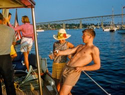 June 18, 1960. "Rowing, Harvard-Yale Regatta. Crew race at New London, Connecticut." Man overboard! 35mm Kodachrome slide by Toni Frissell. View full size.