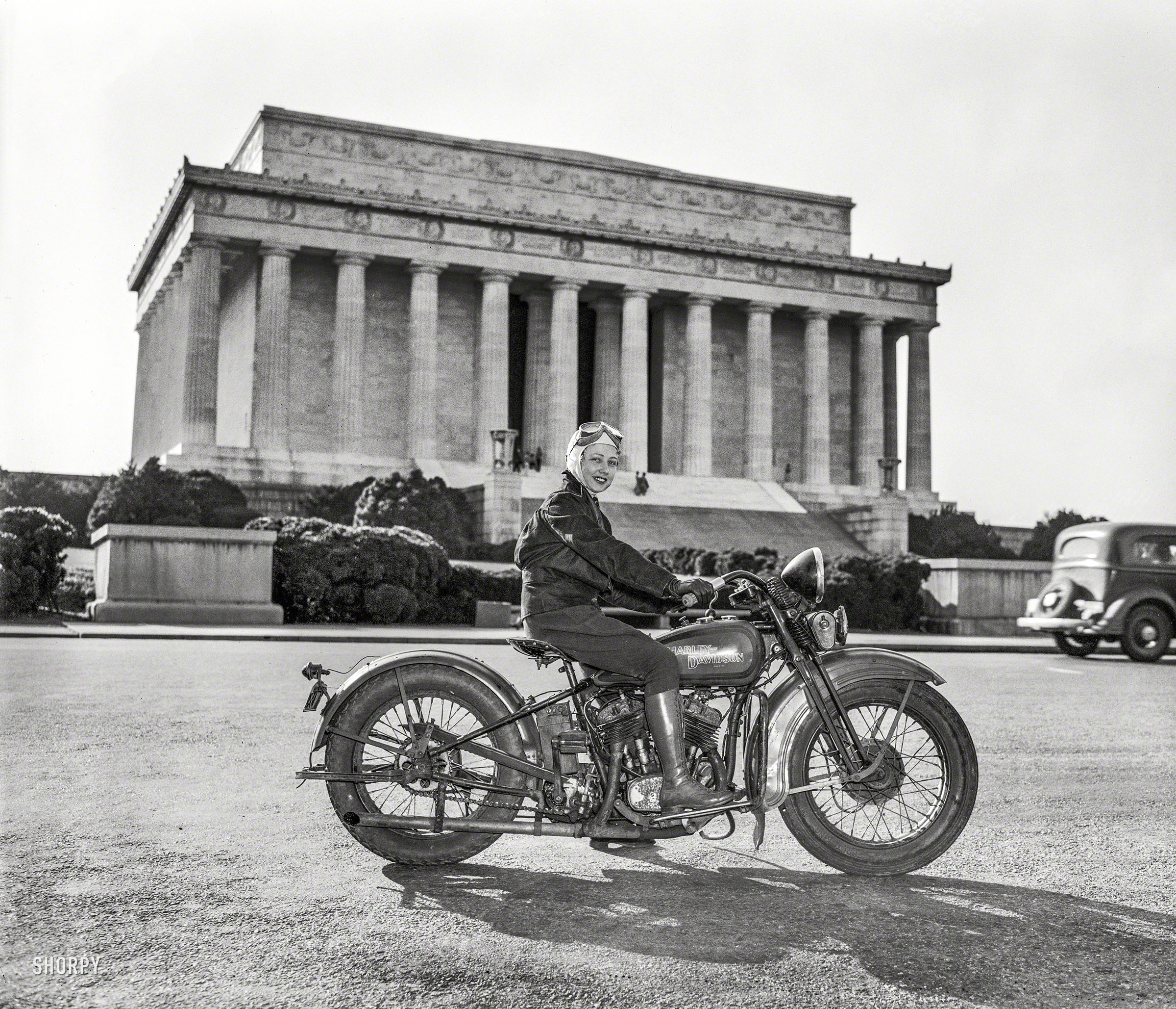 Sept. 15, 1937. "Although she weighs only 88 pounds -- one-third of the machine she rides -- Mrs. Sally Halterman is the first woman to be granted a license to operate a motorcycle in the District of Columbia. She is 27 years old and 4 feet, 11 inches tall. Immediately after receiving her permit, Mrs. Halterman was initiated into the D.C. Motorcycle Club -- the only girl ever to be accorded this honor." Harris & Ewing Collection glass negative. View full size.