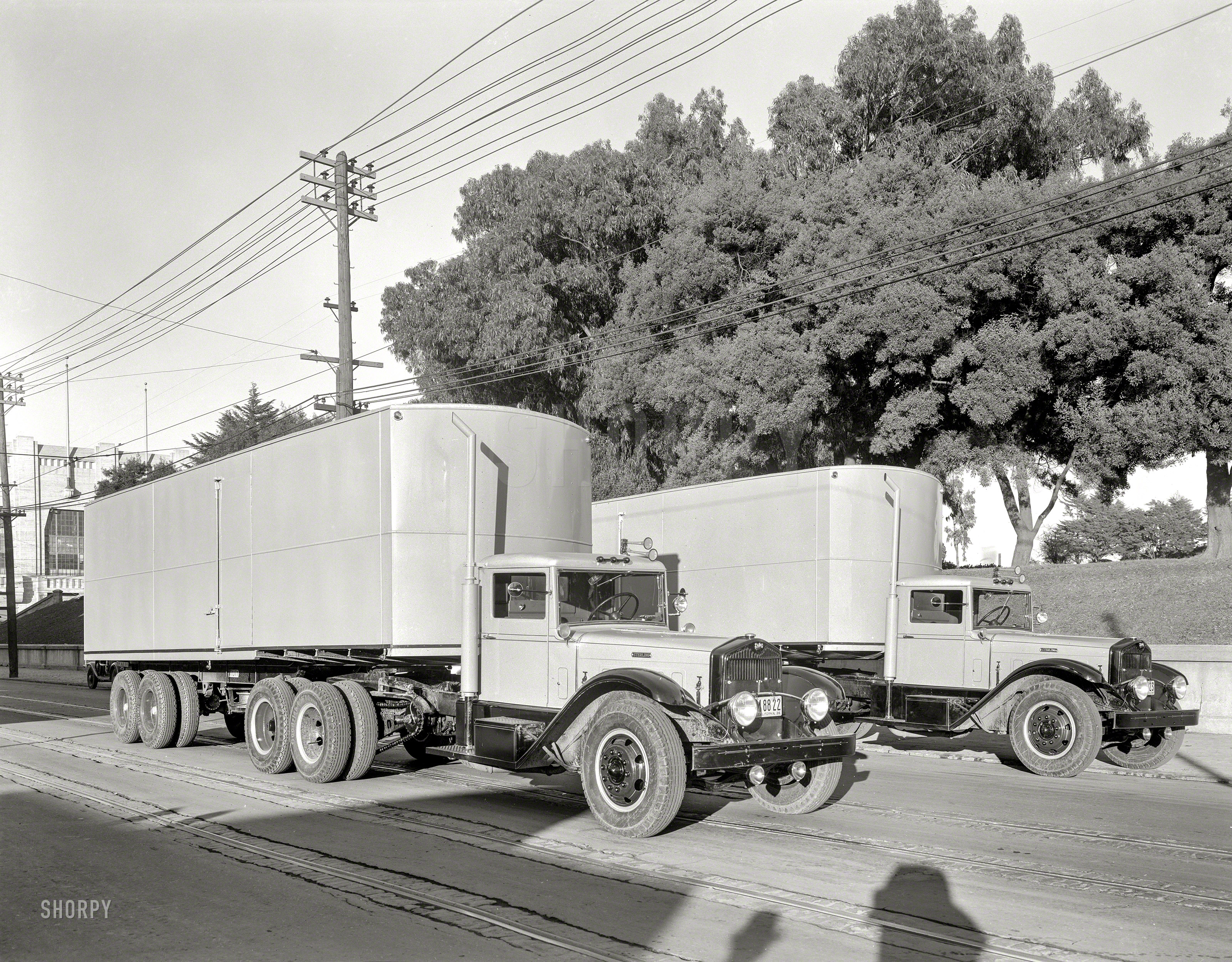August 15, 1936. "Sterling trucks in San Francisco." With a chain drive that looks like something off a giant bicycle. 8x10 inch acetate negative. View full size.