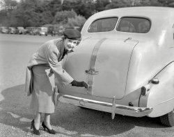 San Francisco's Golden Gate Park circa 1939. "Woman demonstrating use of luggage compartment lock on Pontiac sedan." Also a nice bumper-selfie of the photographer. 8x10 Eastman Kodak acetate negative. View full size.