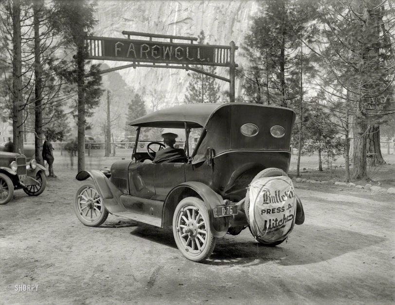 1920. "Bulletin press car -- Mitchell auto at Yosemite National Park." 6½ x 8½ inch glass negative, originally from the Wyland Stanley collection. View full size.
