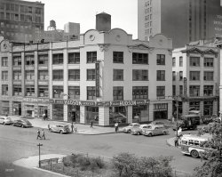 New York circa 1947. "Hudson showroom, Broadway at W. 62nd Street." Another look at the intersection last seen here, with the ice cream man and Onalim Antiseptic truck joining the scene. 4x5 negative by John M. Fox. View full size.