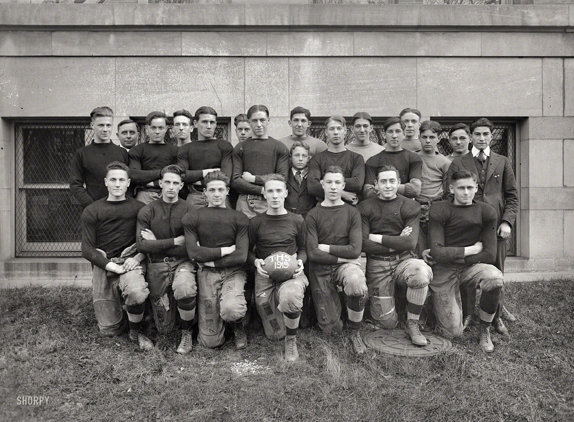 Washington, D.C. "Tech High football, 1919." As soon as we're done with our homework, look out. 8x10 glass negative, National Photo Co. View full size.