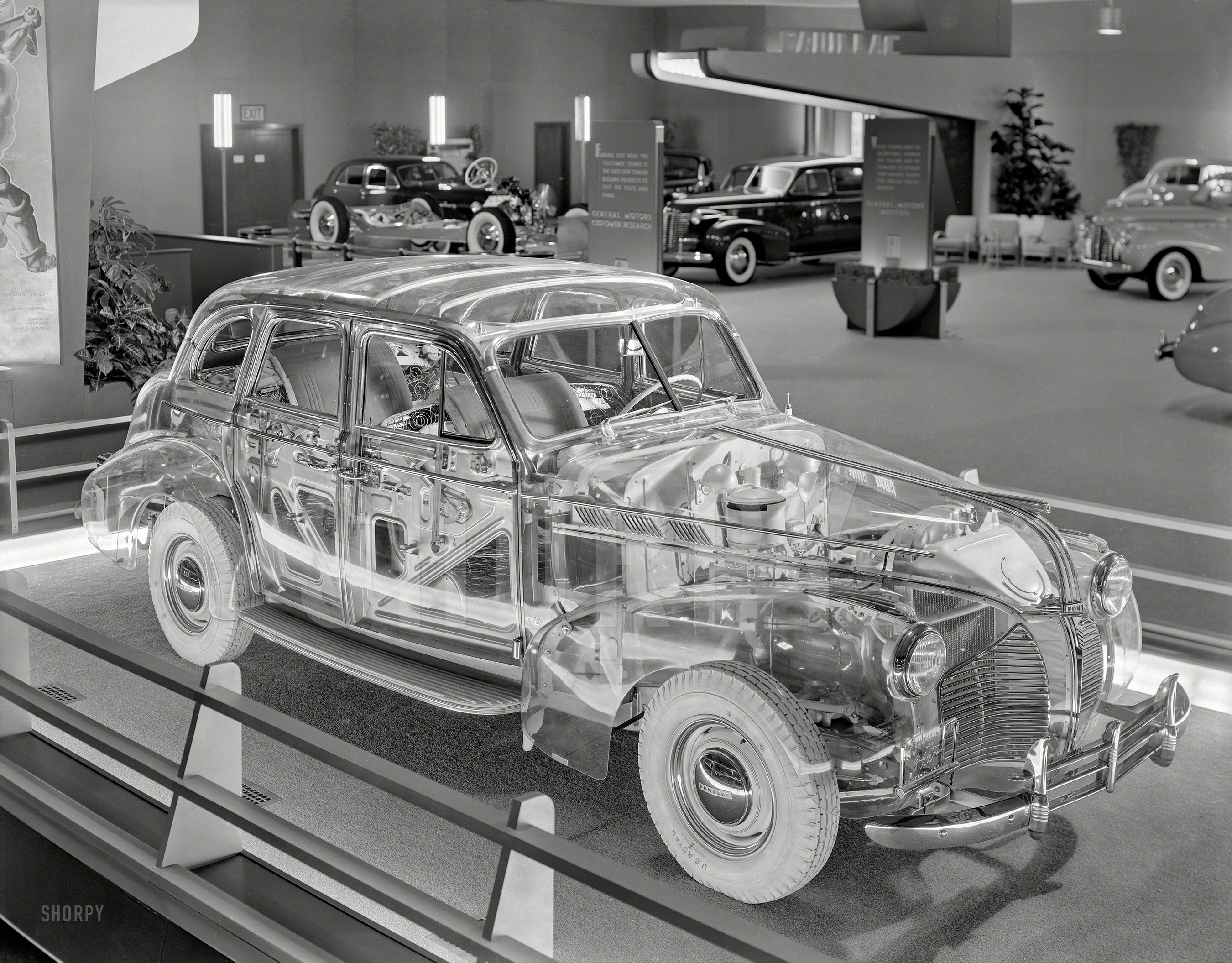 &nbsp; &nbsp; &nbsp; &nbsp; Another look at the Pontiac "Ghost Car" seen here.
June 11, 1940. "General Motors exhibit at Golden Gate International Exposition, San Francisco. Transparent Car with Pontiac Chassis and Body by Fisher." 8x10 Agfa negative, originally from the Wyland Stanley collection. View full size.