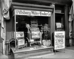 Washington, D.C., 1920. "Pittsburg Water Heater Co." You'll come for the hot water but stay for the giant washing machine. 8x6 glass negative. View full size.