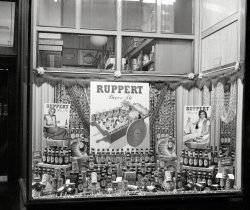 New York circa 1948. "Ruppert Beer display in grocery window." It's light. It's delicious. It's S-L-O-W aged. 4x5 negative by John M. Fox. View full size.